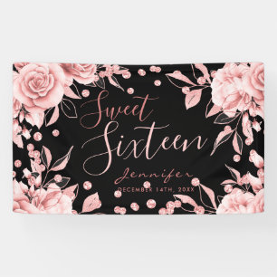 Rose Gold Black Sweet 16 Glitter Confetti Floral Banner