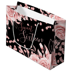 Rose Gold Black Sweet 16 Glitter Confetti Floral Large Gift Bag