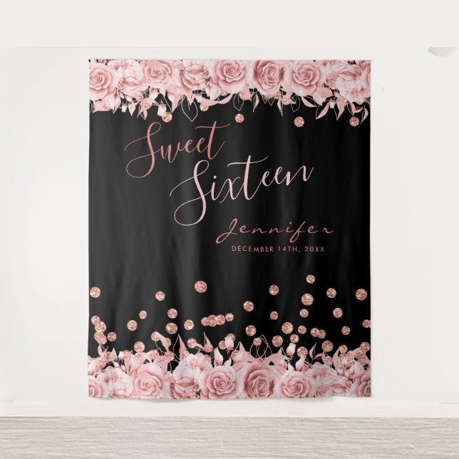 Rose Gold Black Sweet 16 Glitter Confetti Floral Tapestry (Front)