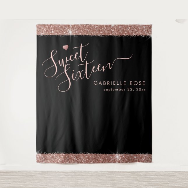 Rose Gold Black Sweet 16 Glitter Photo Backdrop Tapestry (Front)