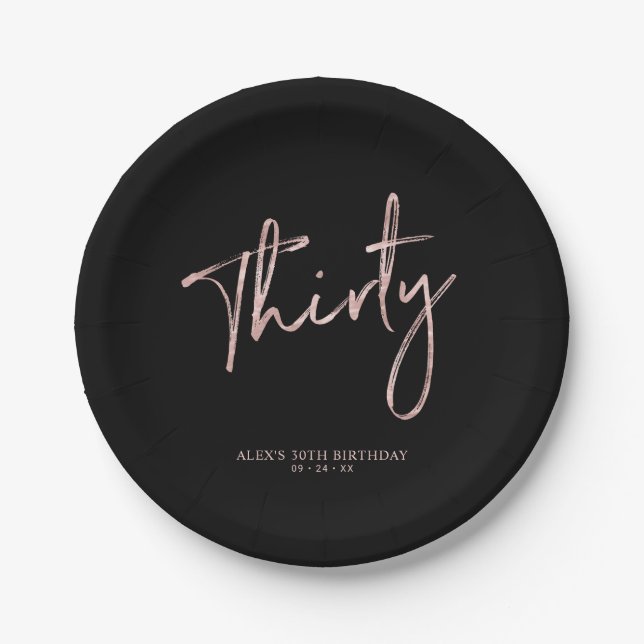 Rose Gold & Black Thirty 30th birthday Party Paper Plate (Front)