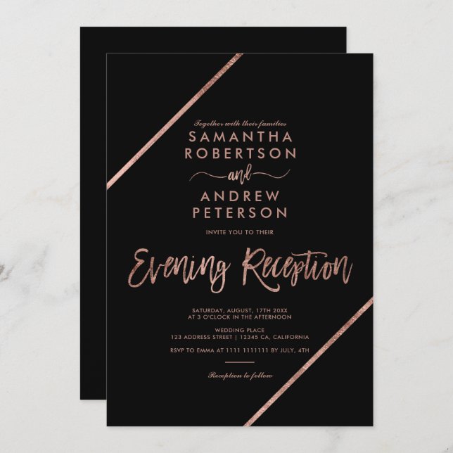 Rose gold black typography evening wedding invitation (Front/Back)