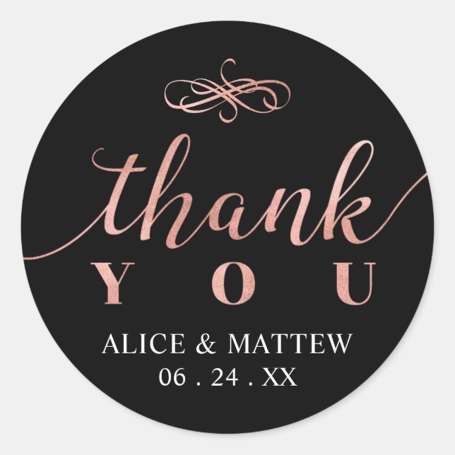 Rose Gold & Black |  Wedding Thank you, Favours Classic Round Sticker (Front)