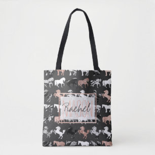 Rose Gold Black White Marble Modern Horse Monogram Tote Bag