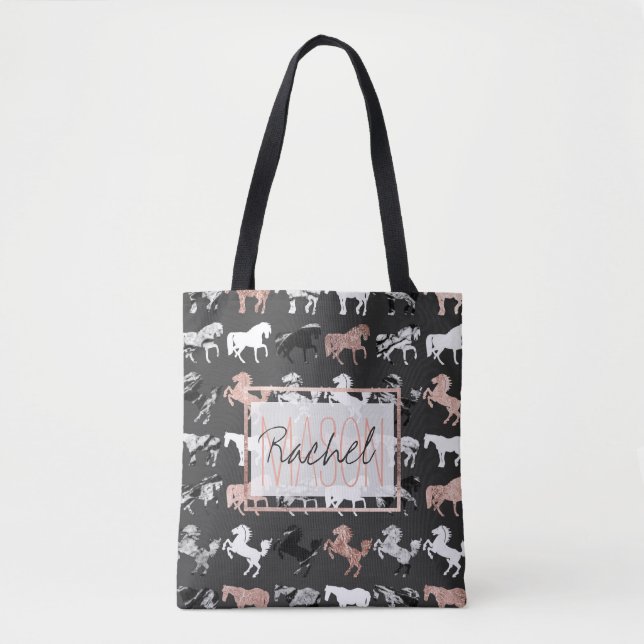 Rose Gold Black White Marble Modern Horse Monogram Tote Bag (Front)