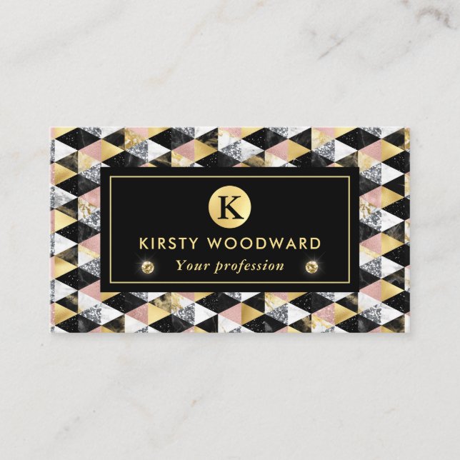 Rose Gold, Black & White Marble Texture Geometric Business Card (Front)