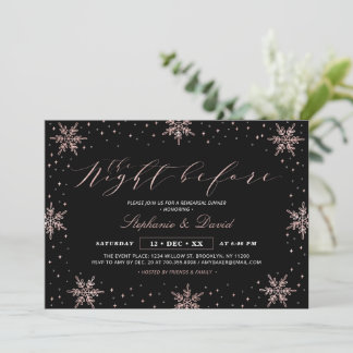 Rose Gold Black Winter Snow Rehearsal Dinner Party Invitation