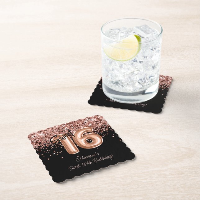 Rose Gold Blacki Sweet 16th Birthday Party Paper Coaster (Insitu)