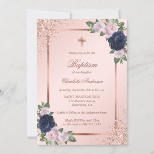 Rose Gold Blue Blush Pink Floral Girl Baptism Invitation