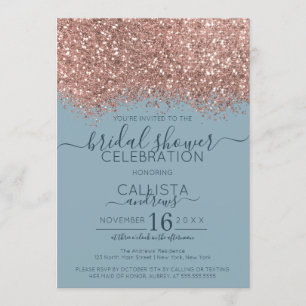 Rose Gold Blue Glitter Confetti Bridal Shower Invitation