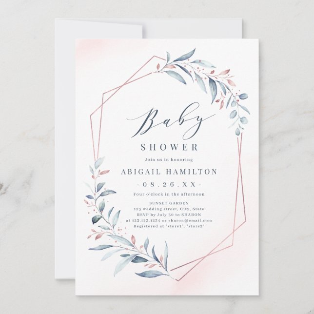 Rose Gold Blue Greenery Geometric Baby Shower Invitation (Front)