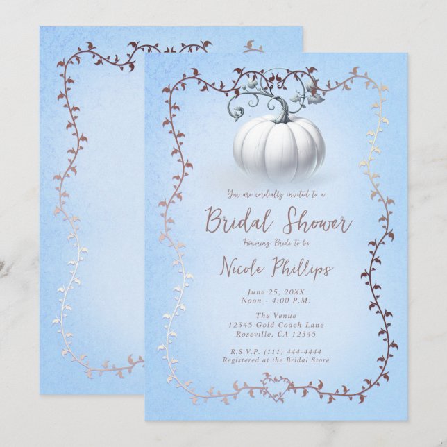 Rose Gold Blue Storybook White Pumpkin Bridal  Invitation (Front/Back)