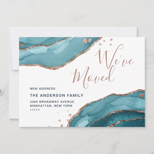 Rose Gold Blue Watercolor Agate New Address Moving Announcement (Front)