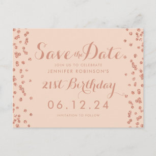 Rose Gold Blush 21st Birthday Save Date Confetti Announcement Postcard
