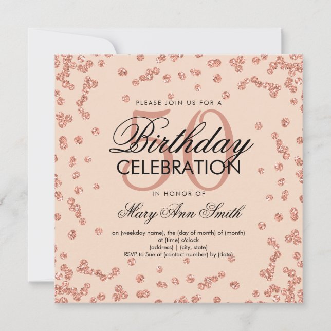 Rose Gold Blush 50th Birthday Glitter Confetti Invitation (Front)