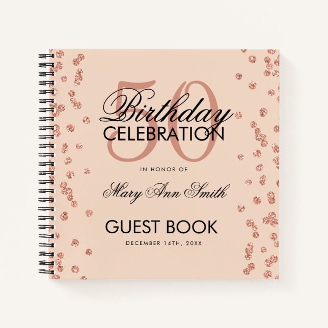 Rose Gold Blush 50th Birthday Guestbook Confetti Notebook (Front)