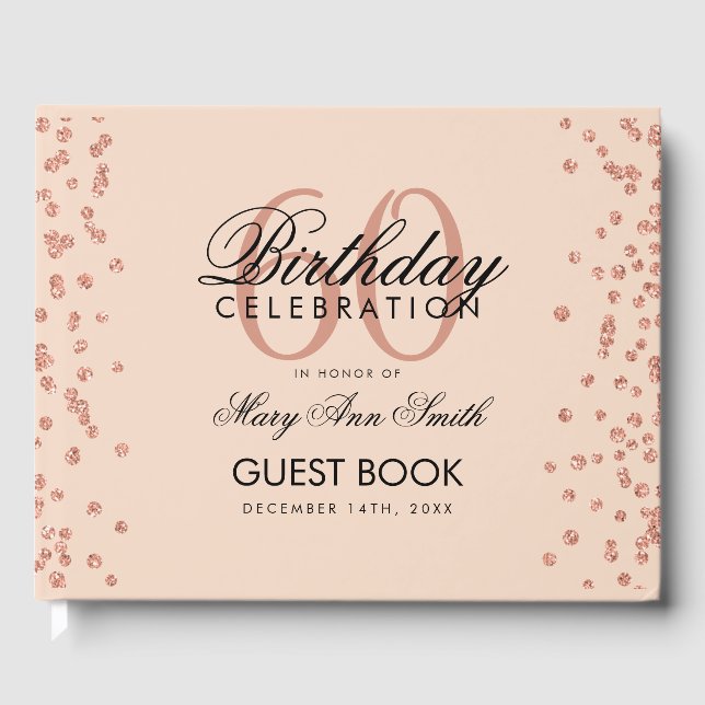 Rose Gold Blush 60th Birthday Glitter Confetti Guest Book (Front)