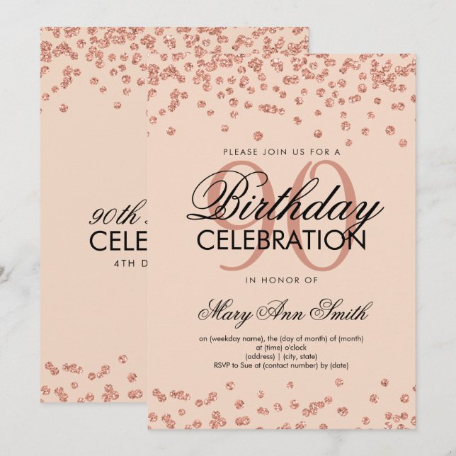 Rose Gold Blush 90th Birthday Glitter Confetti Invitation (Front/Back)
