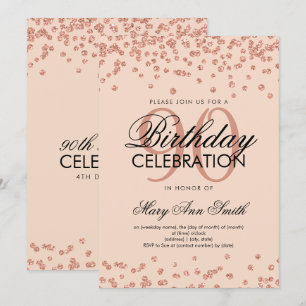 Rose Gold Blush 90th Birthday Glitter Confetti Invitation