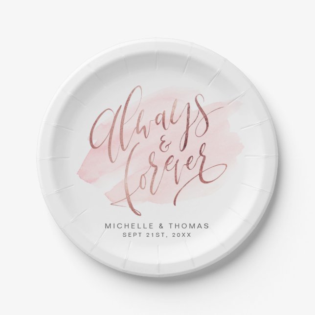 Rose Gold Blush Always And Forever Script Wedding Paper Plate (Front)