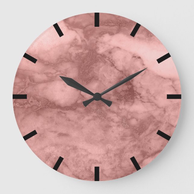 Rose Gold Blush Carrara Marble Black White Stone Large Clock (Front)