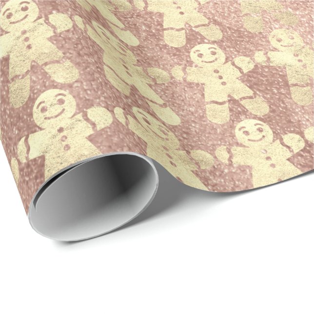 Rose Gold Blush Christmas Ginger Bread Guy Pink Wrapping Paper (Roll Corner)