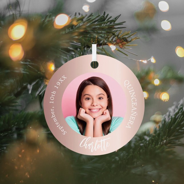 Rose gold blush custom photo Quinceanera Metal Ornament (Creator Uploaded)