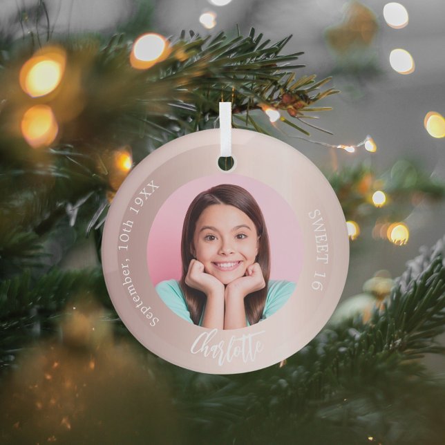 Rose gold blush custom photo Sweet 16 Glass Ornament (Creator Uploaded)