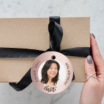 Rose gold blush custom photo thank you birthday favour tags<br><div class="desc">A classic rose gold,  blush background,  black text. Text: Happy birthday (x2) Personalize and add a name,  age and photo.
Back: add your thank you note.</div>