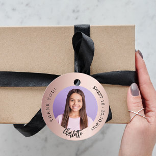 Rose gold blush custom photo thank you Sweet 16 Favour Tags