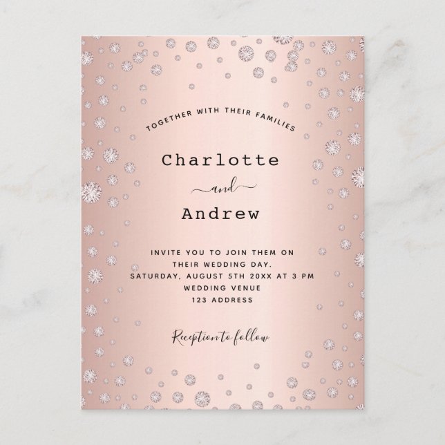 Rose gold blush diamonds wedding invitation postcard (Front)