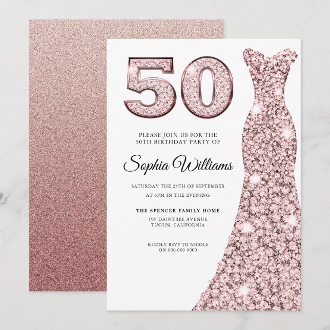 Rose Gold Blush Dress Womans 50th Birthday Party Invitation (Front/Back)