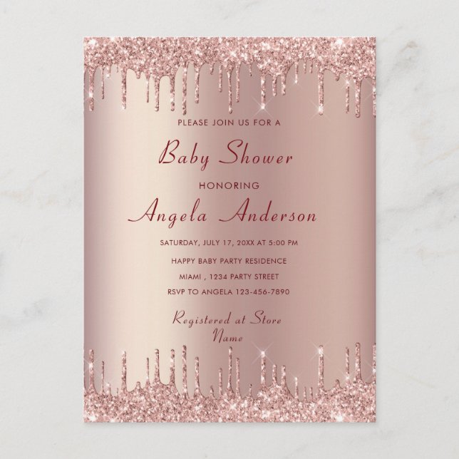Rose Gold Blush Drips Chic Baby Shower Invitation Postcard (Front)