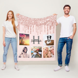 Rose gold blush drips name monogram photo fleece blanket