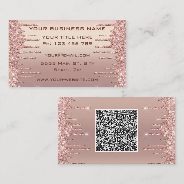Rose Gold Blush Drips QR Code Scan Business Card (Front/Back)