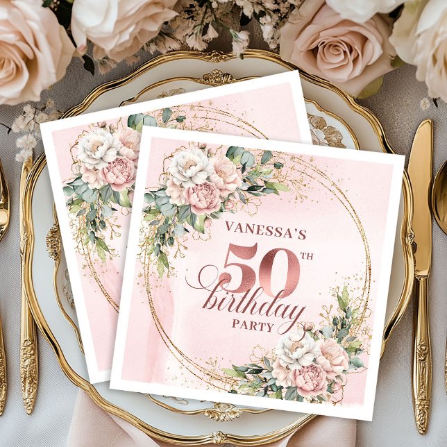 Rose Gold Blush Eucalyptus 50th Birthday Napkins (Rose Gold Blush Eucalyptus 50th Birthday Napkins)