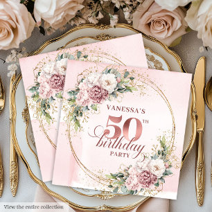 Rose Gold Blush Floral 50th Birthday Party Napkins