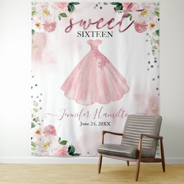 Rose Gold Blush Floral Dress Sweet 16 Backdrop Tapestry (In Situ)