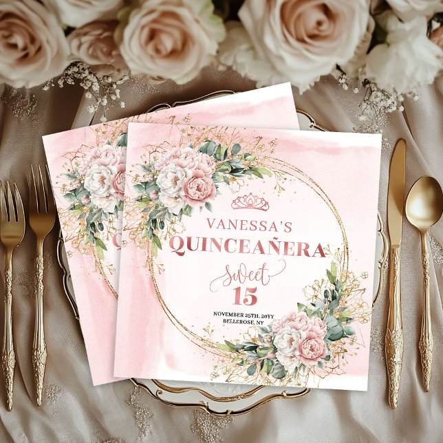 Rose Gold Blush Floral Greenery Napkin Mis Quince (Rose Gold Blush Floral Greenery Napkin for Mis Quince)