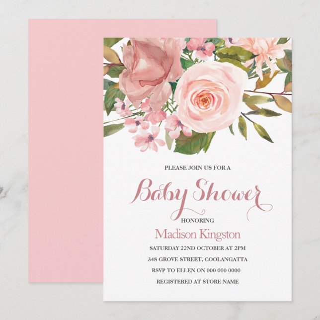 Rose Gold & Blush Flowers Baby shower Invitation (Devant / Derrière)