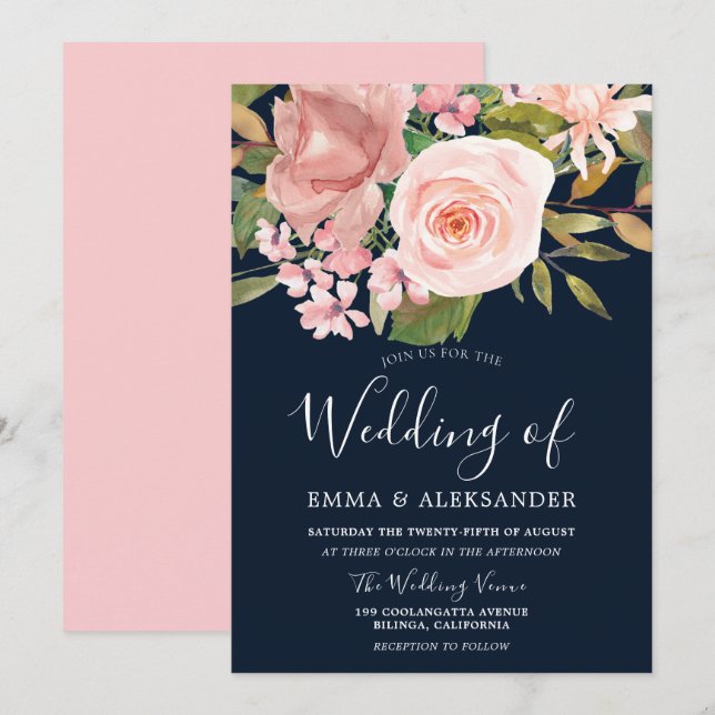 Rose Gold Blush Flowers Navy Wedding Invitation (Front/Back)