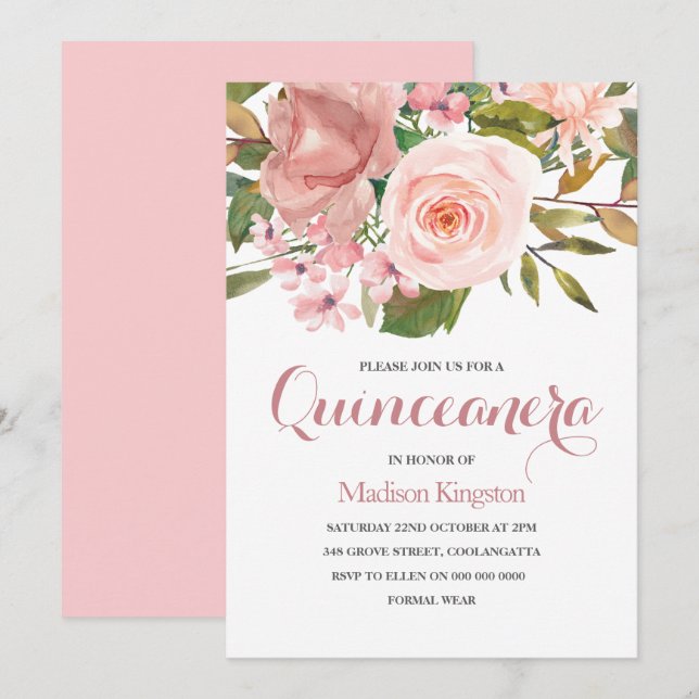 Rose Gold & Blush Flowers Quinceanera Invitation d (Devant / Derrière)