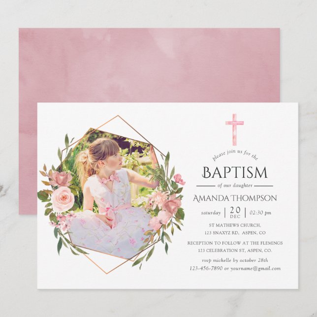 Rose Gold & Blush Geometric Baptism or Christening Invitation (Front/Back)