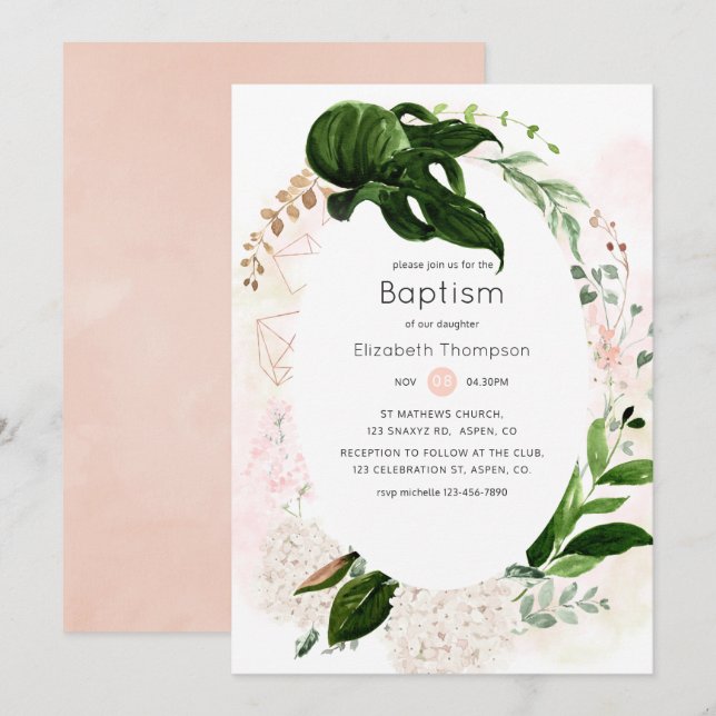 Rose Gold & Blush Geometric Greenery Baptism Invitation (Front/Back)