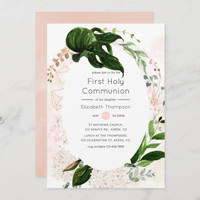 Rose Gold Blush Geometric Greenery Holy Communion Invitation (Front/Back)