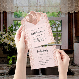 Rose gold blush glitter balloons birthday rsvp all in one invitation