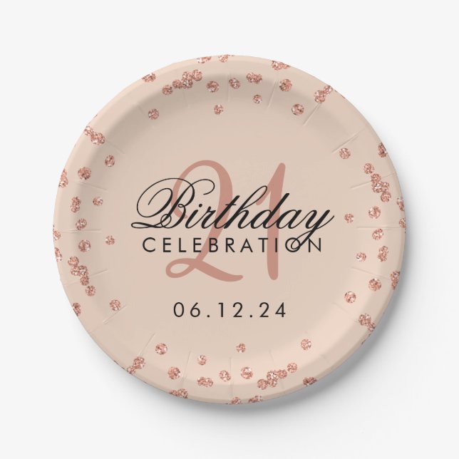 Rose Gold Blush Glitter Confetti 21st Birthday Paper Plate (Front)