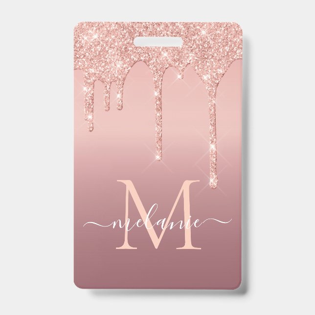 Rose Gold Blush Glitter Custom Letter Name Badge (Front)