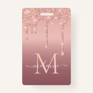 Rose Gold Blush Glitter Custom Letter Name Badge