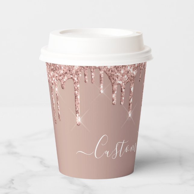 Rose Gold Blush Glitter Drips - Add Text / Name Paper Cups (Front)